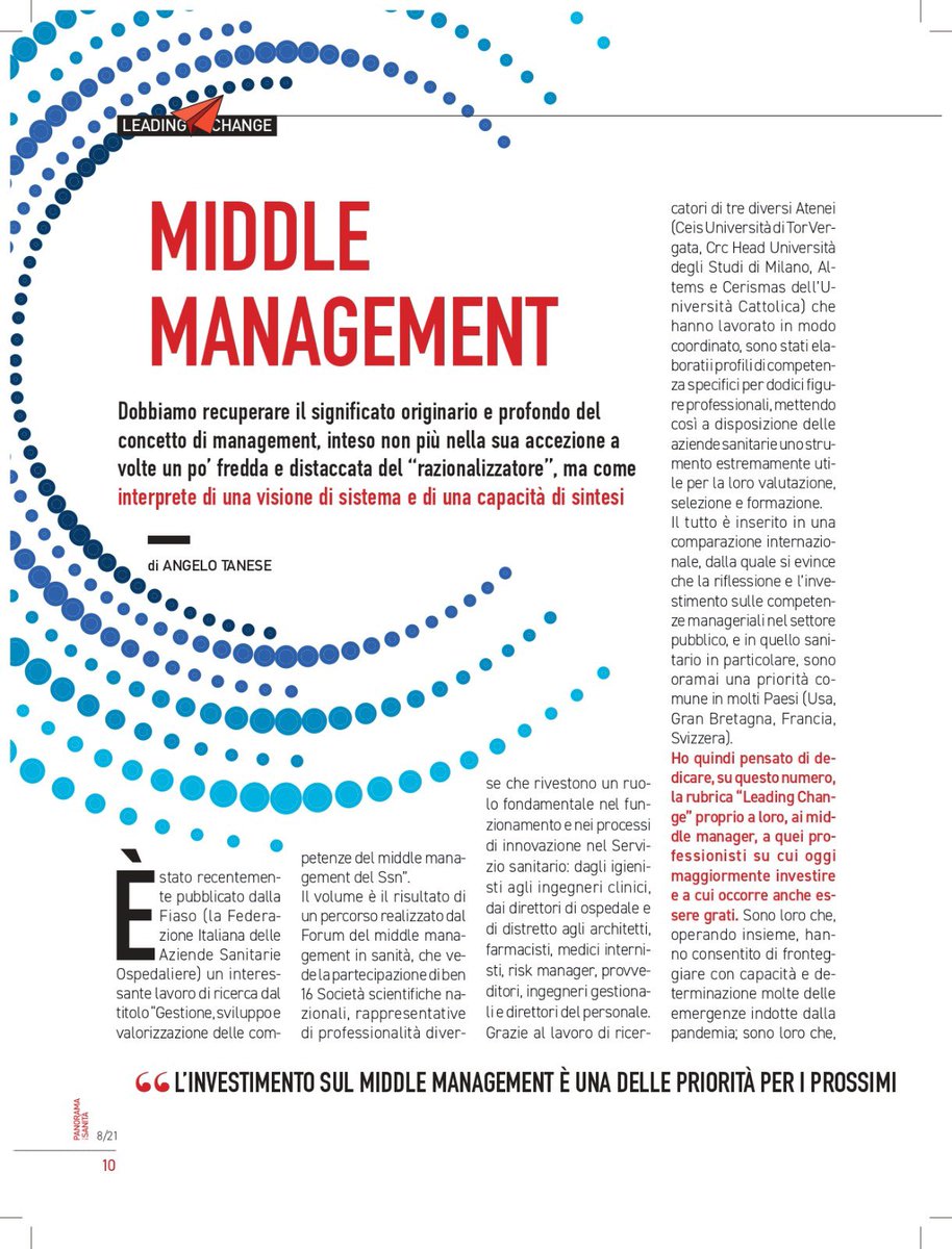 ASLRoma1's tweet photo. 📌 Recuperare il significato originario e profondo del
concetto di #management, alla luce del volume Fiaso “Gestione, sviluppo e valorizzazione delle competenze del middle management del #ssn” contributo di #AngeloTanese Dir Gen #aslroma1 su Panorama della Sanità ⤵️⤵️ https://t.co/FeFAQCHreQ