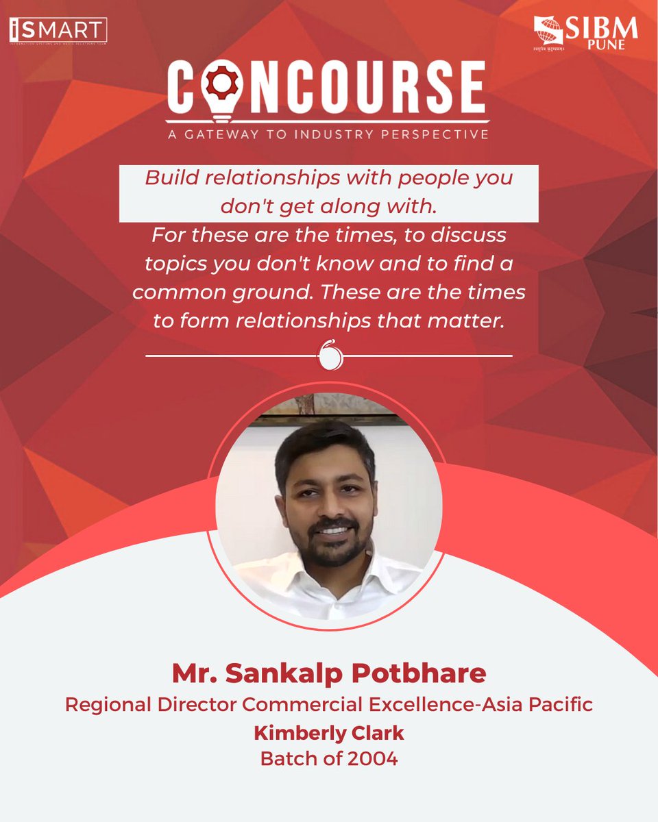SIBMPune's tweet image. We were delighted to have Mr. Sankalp Potbhare, Regional Director-Commercial Excellence, Asia Pacific, Kimberly-Clark, and our dear alumnus from the Batch of 2004, who addressed the students as a part of our Industrial Leadership Talk Series-Concourse. 

#SIBMPune #Concourse