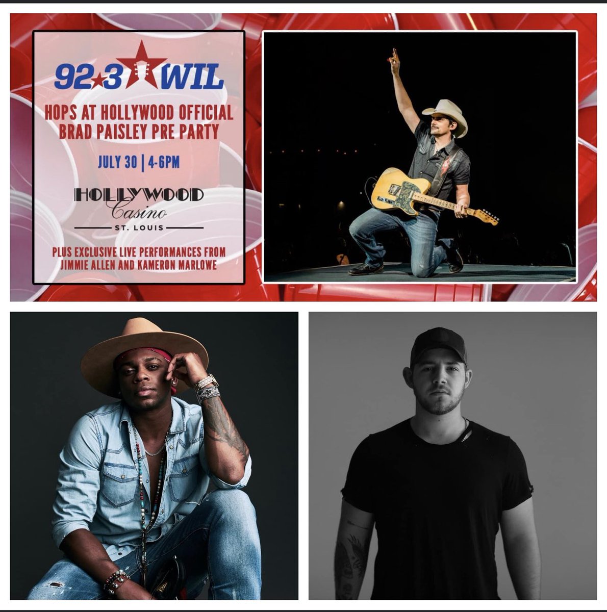 Don’t miss the official @BradPaisley pre party this Friday from 4-6p at @HollywoodSTL! Win shuttle passes to & from the concert, last minute tickets to the show, & catch live performances from @JimmieAllen & Kameron Marlowe! https://t.co/TGUTbiffpQ https://t.co/mDlOa6mN2i