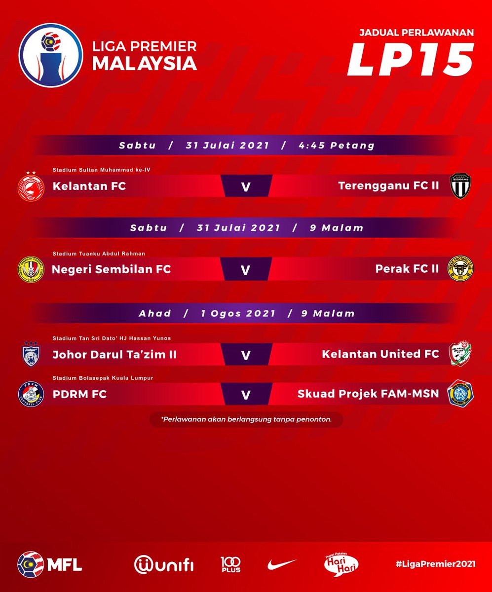 Malaysian Football League V Twitter Jadual Perlawanan Liga Premier 2021 Lp15 Empat Perlawanan Pusingan Ke 15 Akan Berlangsung Bermula Sabtu Ini Perlawanan Akan Berlangsung Tanpa Penonton Ligapremier2021 Https T Co Xtitkfpt3d