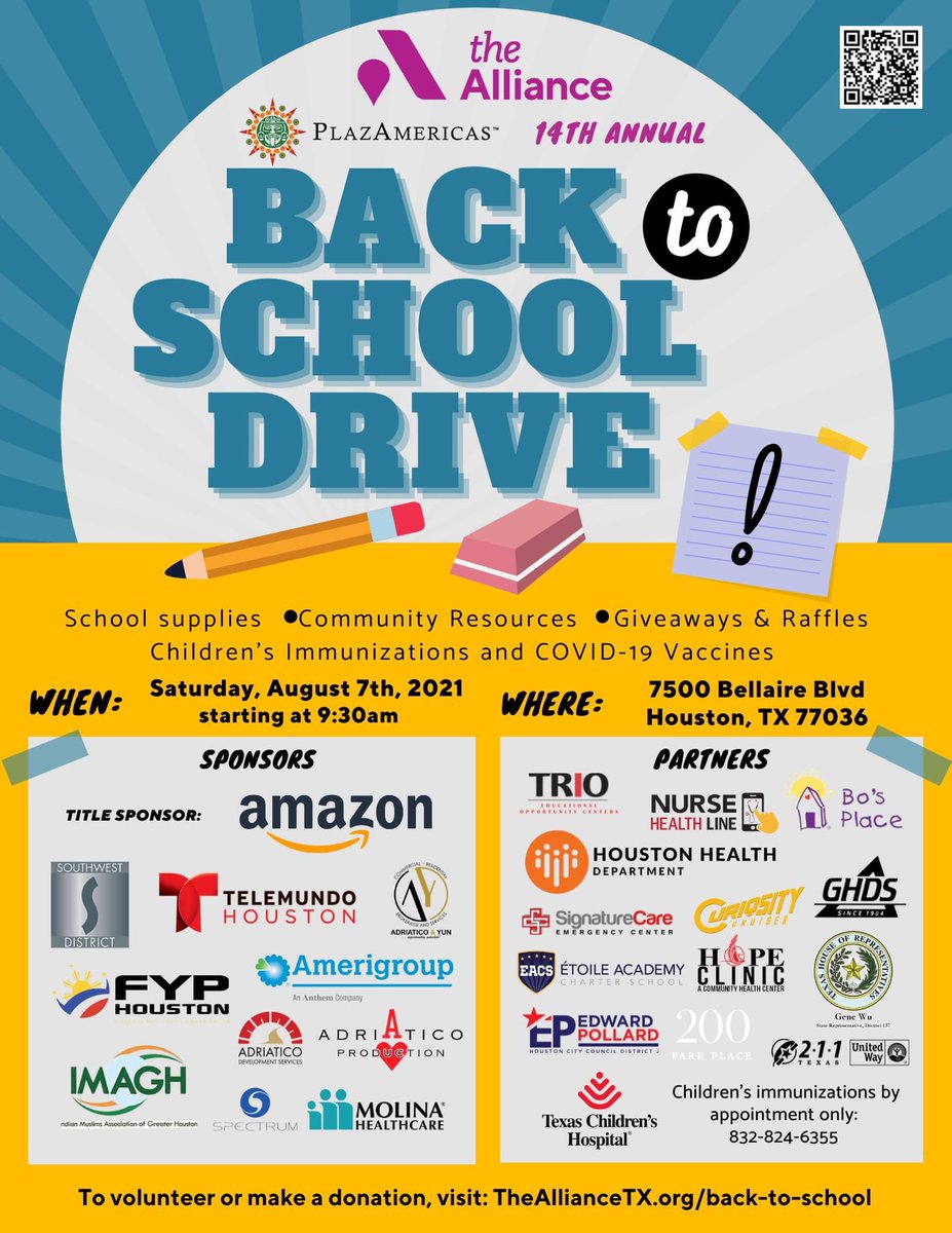 Our 14th Annual Back to School Drive is just around the corner!! FREE school supplies, books, gift card and laptop giveaways, community resources and more! This event is open to the public.  

Learn more at thealliancetx.org/back-to-school 

#backtoschool #supportstudents #schoolsupplies