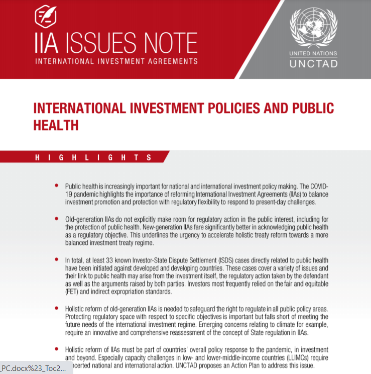 JUST LAUNCHED: 

#IIA Issues Note July 2021: A closer look at public #health provisions in IIAs underlines the urgency to accelerate holistic treaty reform towards a more balanced investment treaty regime.

Learn more at bit.ly/3xagBon