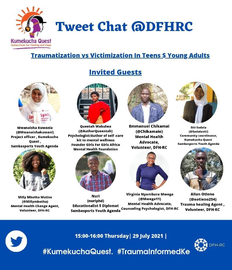DFHRC's tweet photo. Hello everyone, all the panelists for today's conversation on Traumatization vs Victimization are most welcomed #TraumaInformedKe 
#KumekuchaQuest 
@nuripdf
@chikamaie 
@Mwega11 
@aotieno254 
@kuwania002 
@MillyMbatha 
@SadalaSiti 
@AuthorQueentah https://t.co/5gd7tXFkOo