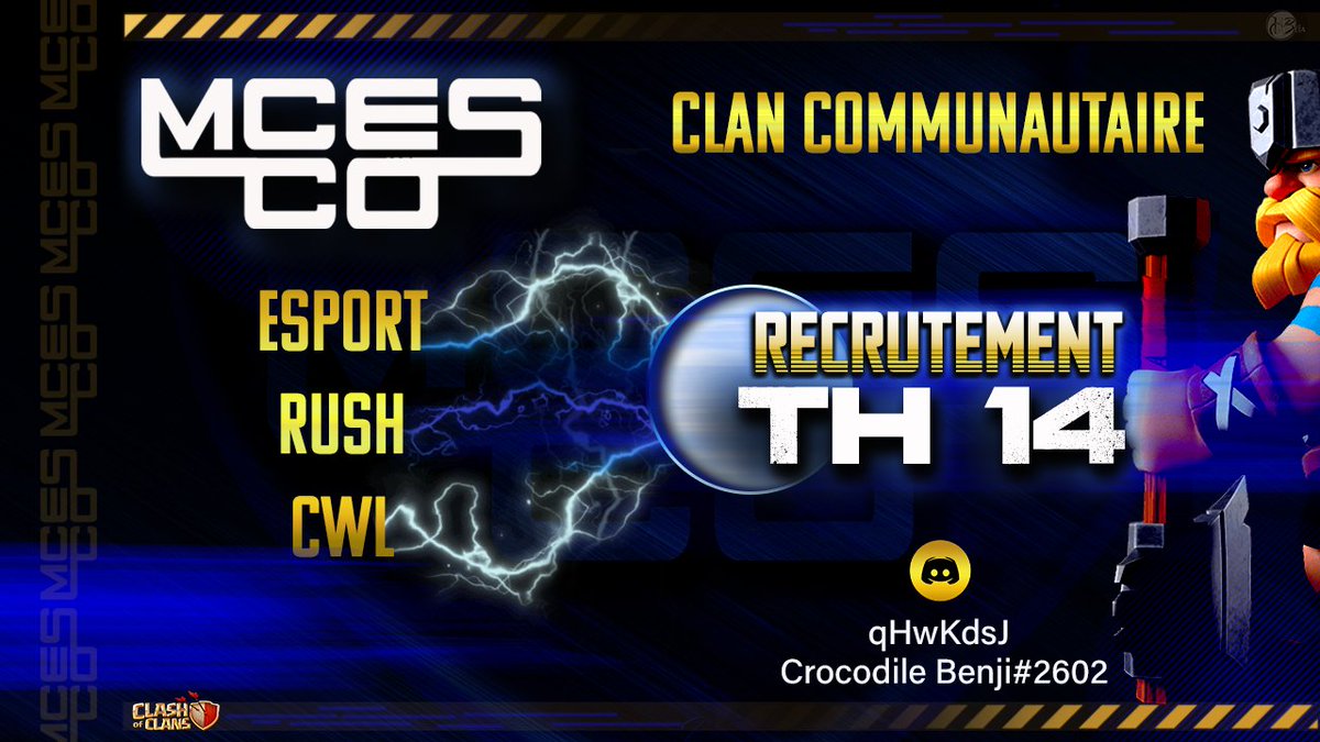 MCES_Co_'s tweet photo. 📣 Annonce recrutement 📣

✅ MCES &amp; Co recrute des joueurs th14 motivés, ambitieux et disponibles (français ou international)

𝔸𝕦 𝕡𝕣𝕠𝕘𝕣𝕒𝕞𝕞𝕖 :

• Esport  
• Rush
• CWL

Contactez moi en message privé ou sur discord : Crocodile Benji#2602 https://t.co/WQgUjMbaRm https://t.co/oRkoVS2eSa