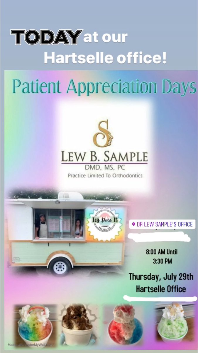 DrLewSample's tweet photo. TODAY AT OUR HARTSELLE OFFICE! 
Patient Appreciation Day! 

8:00AM -3:30 PM 

“Icy Does It” will be in our parking lot. 
Come in the office to get your ticket for free treat! https://t.co/tiD8HjOuvC