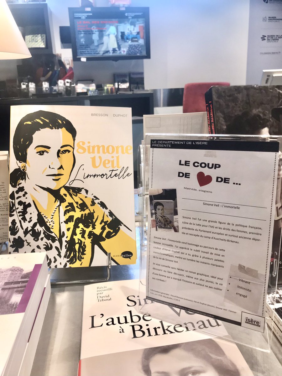 MRDIsere's tweet photo. [ Le coup de ❤️ de … ]

Ce mois-ci le coup de cœur de Mathilde, stagiaire sur le Projet scientifique et culturel, est la BD « Simone Veil : l’immortelle ». Elle est à retrouver à la boutique du musée. 🤩

Ces 3 qualités :
- vibrante
- intimiste 
- engagée https://t.co/0RAmhGyAvR