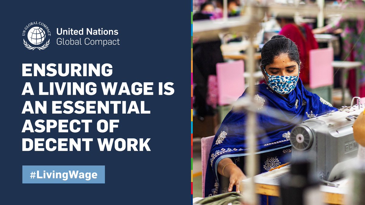 Text: Ensuring a ;living wage is an essential aspect of decent work. #LivingWage. Background: photo of a woman wearing a face mask, working at a sewing machine. 