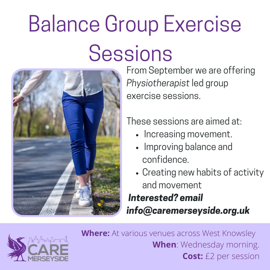 CareMerseyside's tweet photo. We are so pleased to be able to offer a balance improvement exercise group from September. These are physiotherapy led sessions. Further details can be found here… #socialprescribing #fallsprevention #communitysessions https://t.co/wtEDoUatdu