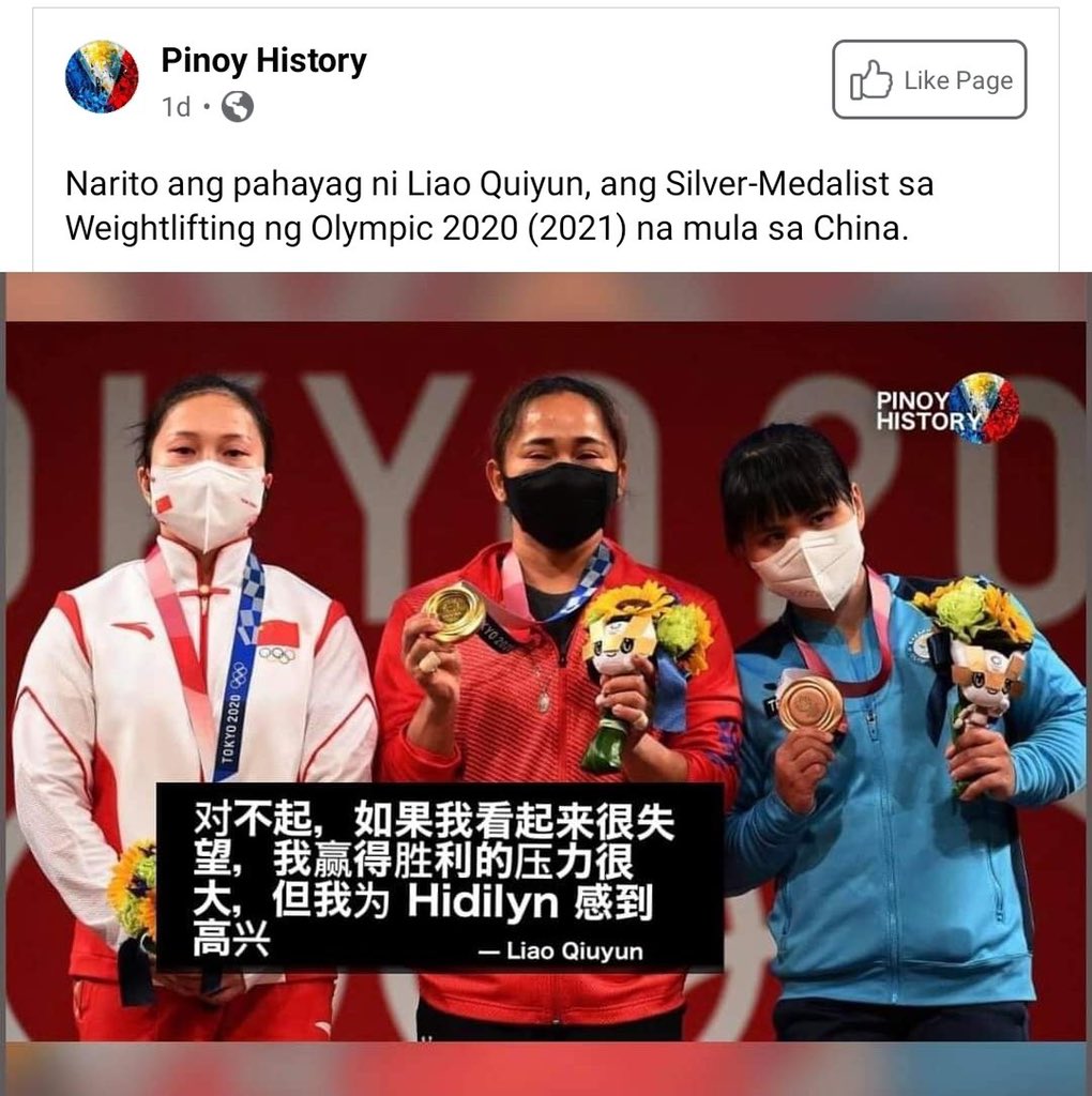 iamchrislao's tweet photo. I’ll translate: I’m sorry. If I look disappointed, it’s because I was under great pressure to win. But I am happy for Hidilyn. https://t.co/smiyPqI9H0