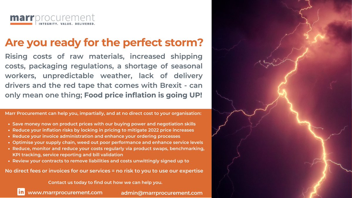 Care England 💚 (@careengland) on Twitter photo Are you ready for the perfect storm?🌩️
Suffering from food price inflation due to the unpredictable weather or Brexit?
<a href="/MarrProcurement/">Marr Procurement</a> can help you, and at no direct cost! Save money now on product prices plus much more. Email admin@marrprocurement.com for more info. Are you ready for the perfect storm?🌩️
Suffering from food price inflation due to the unpredictable weather or Brexit?
<a href="/MarrProcurement/">Marr Procurement</a> can help you, and at no direct cost! Save money now on product prices plus much more. Email admin@marrprocurement.com for more info.
