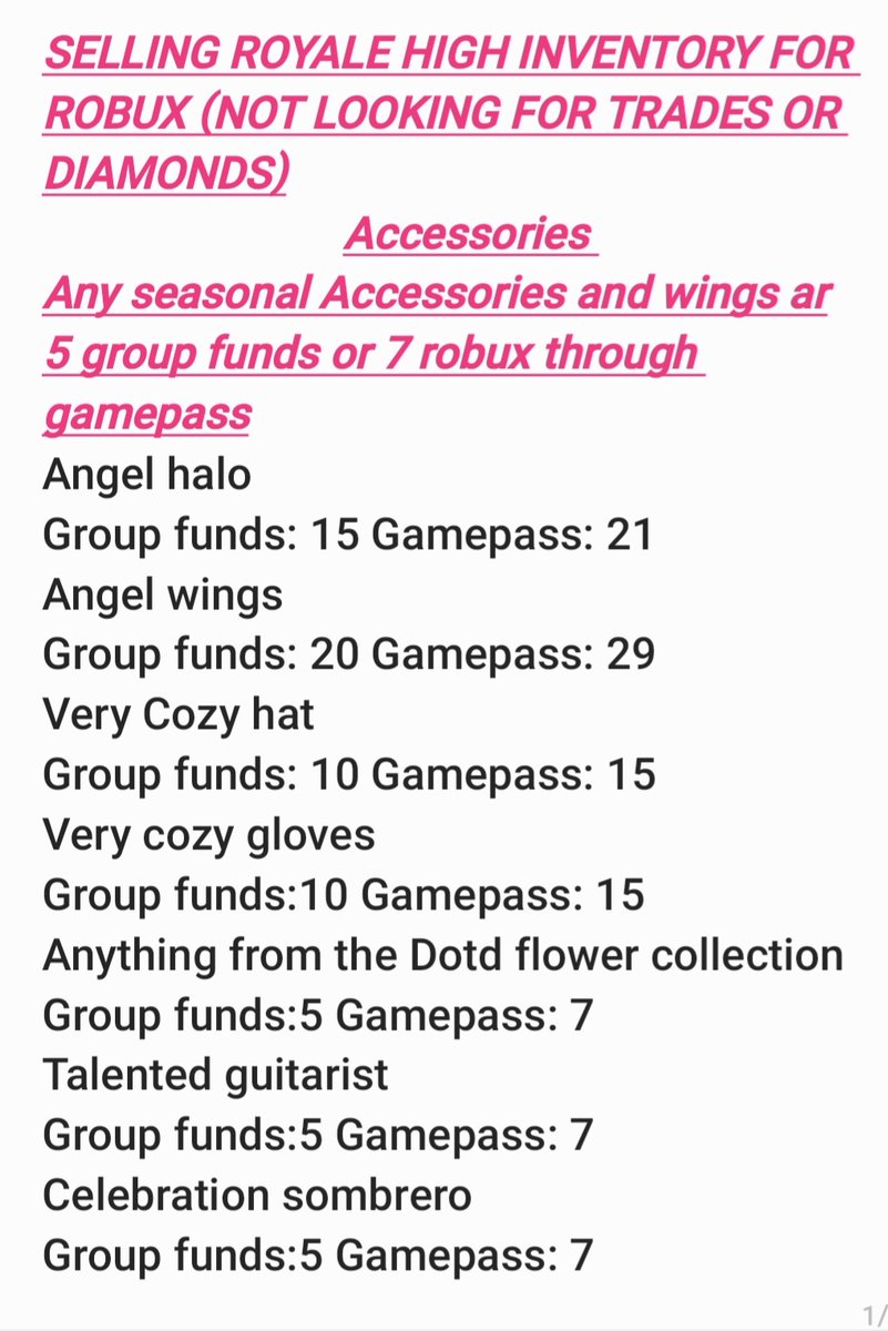Juno_why's tweet photo. Selling the rest of my royale high inventory for robux, trying to get rid of everything! Mainly looking for gamepass unless you're willing to wait 2 weeks. Dm if you're interested in anything! 

🔑:SF, CB, DV, SE, rbx, rh shop:🔑
#royalehigh #royalehightrading #royalehighselling https://t.co/DXtnZHALRW