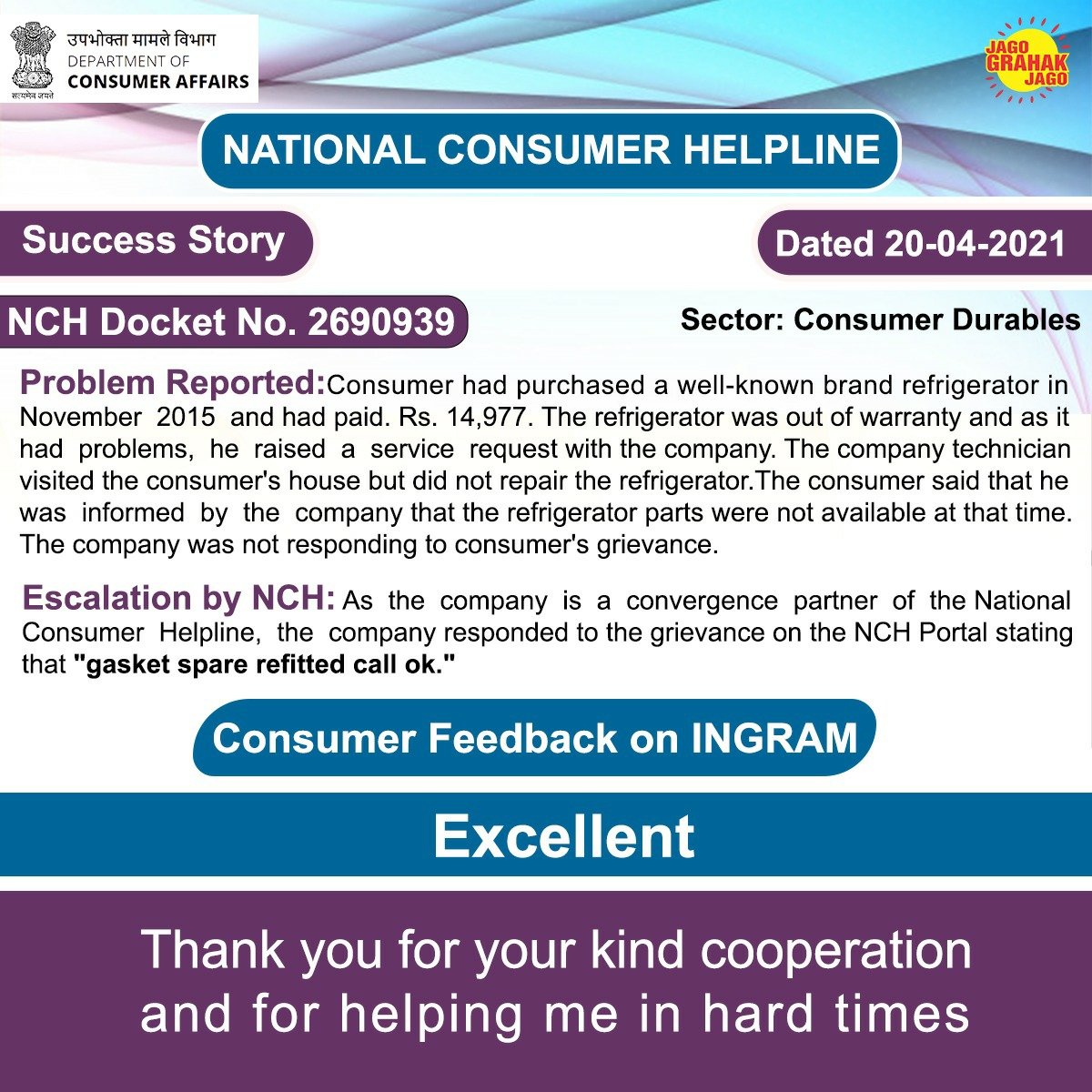 consaff's tweet image. Positive feedback by a consumer when National Consumer Helpline (NCH) helped him in getting redressal of his grievance related to subscription amount of credit card.
#ConsumerAffairs #JagoGrahakJago #NCH #SuccessStory #Redressal #ConsumerFeedback