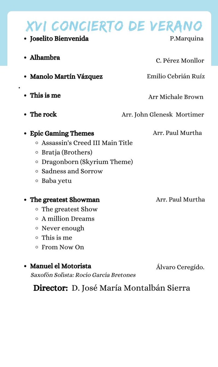Repertorio y orden para el XVI CONCIERTO DE VERANO.
