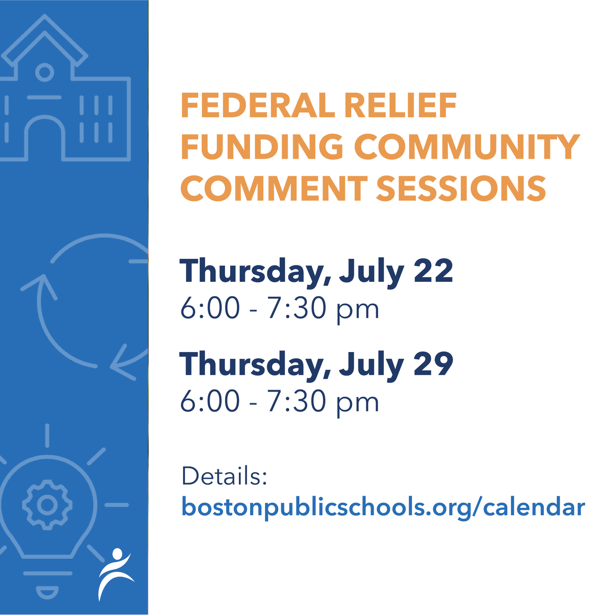 BostonPublicSchools (@bostonschools) on Twitter photo TONIGHT (6-7:30pm): Join <a href="/BostonSchools/">BostonPublicSchools</a> for a virtual community comment session on the $400M in ESSER Funding that BPS is expected to receive. Review a draft of the plan here: bostonpublicschools.org/FederalReliefF…
A final report will be issued after the public comment period ends on July 30. TONIGHT (6-7:30pm): Join <a href="/BostonSchools/">BostonPublicSchools</a> for a virtual community comment session on the $400M in ESSER Funding that BPS is expected to receive. Review a draft of the plan here: bostonpublicschools.org/FederalReliefF…
A final report will be issued after the public comment period ends on July 30.