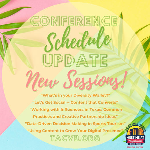 OKTourismWorks's tweet photo. NEW sessions added to the @TACVB Convention lineup!  

• “Let’s Get Social--Content that Converts”
• “Data Driven Decision Making in Sports Tourism”
• “Using Content to Grow Your Digital Presence”

Check out the updated schedule and attend Aug 23-27 https://t.co/aNzFetEMAX https://t.co/1iAiFiYKni