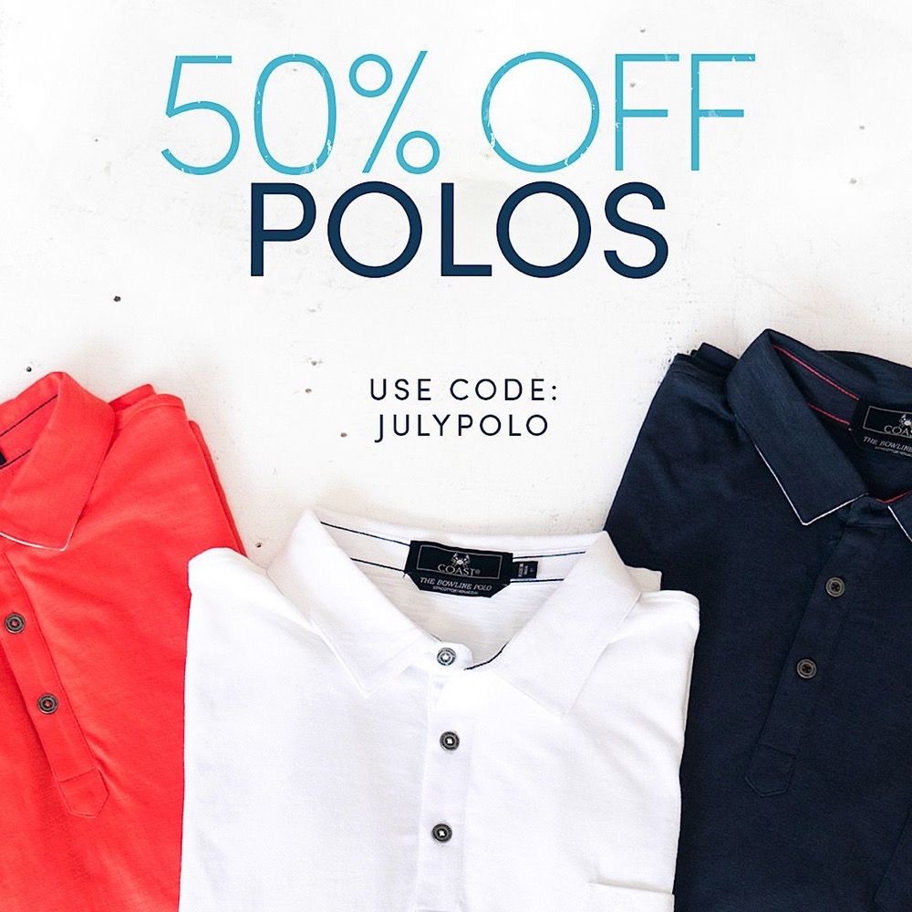 Enjoy 50% Off Coast Apparel Polos now through 8/1! Use Code: JULYPOLO and stock up your favorites! 

buff.ly/3iR6DmU

#CoastBound #DontStressJustCoast #CoastIsClear🦀