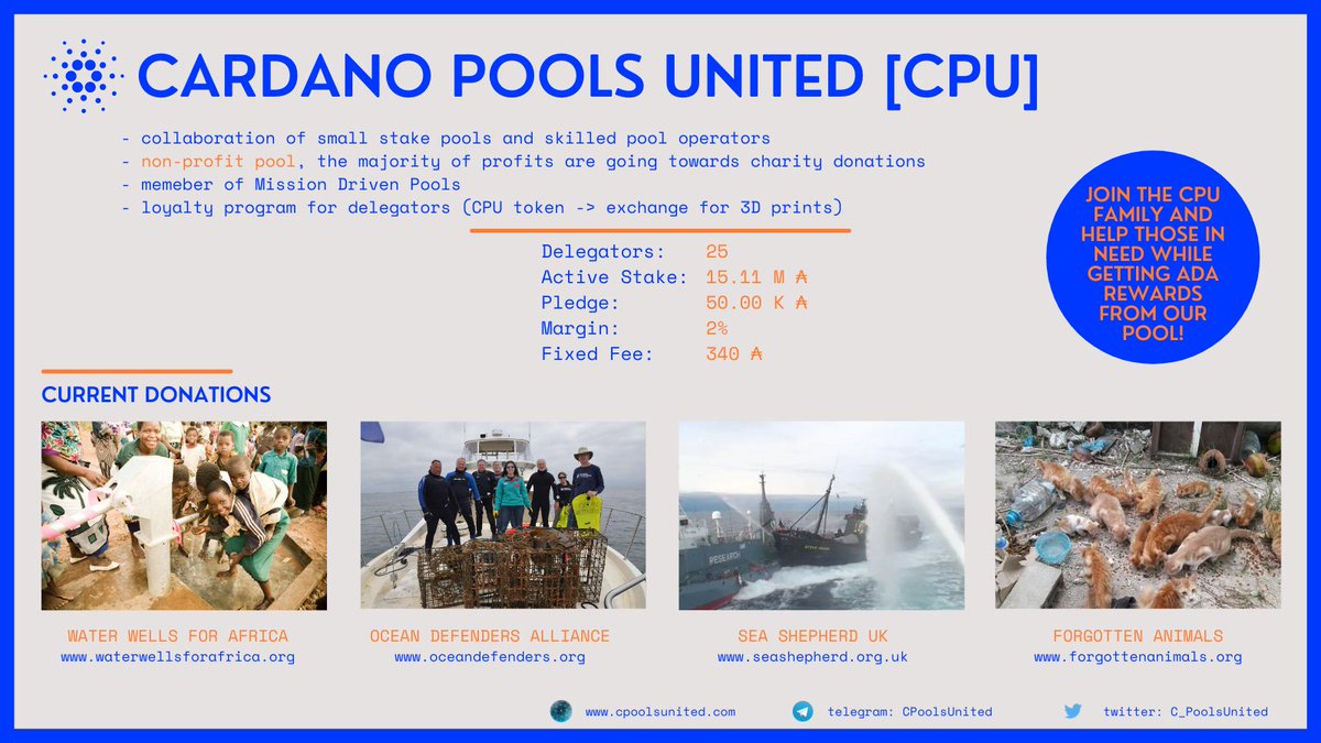 C_PoolsUnited's tweet photo. We are grateful for our delegators and @CardanoStiftung who are helping us reach our CPU goal, giving help to the charitable organisations in need around the world.

If you want to be a part of CPU family visit us at https://t.co/3GkhRMBMEt for more info ☀️

#Cardano #Spreadlove https://t.co/b6Ucl1YNjr
