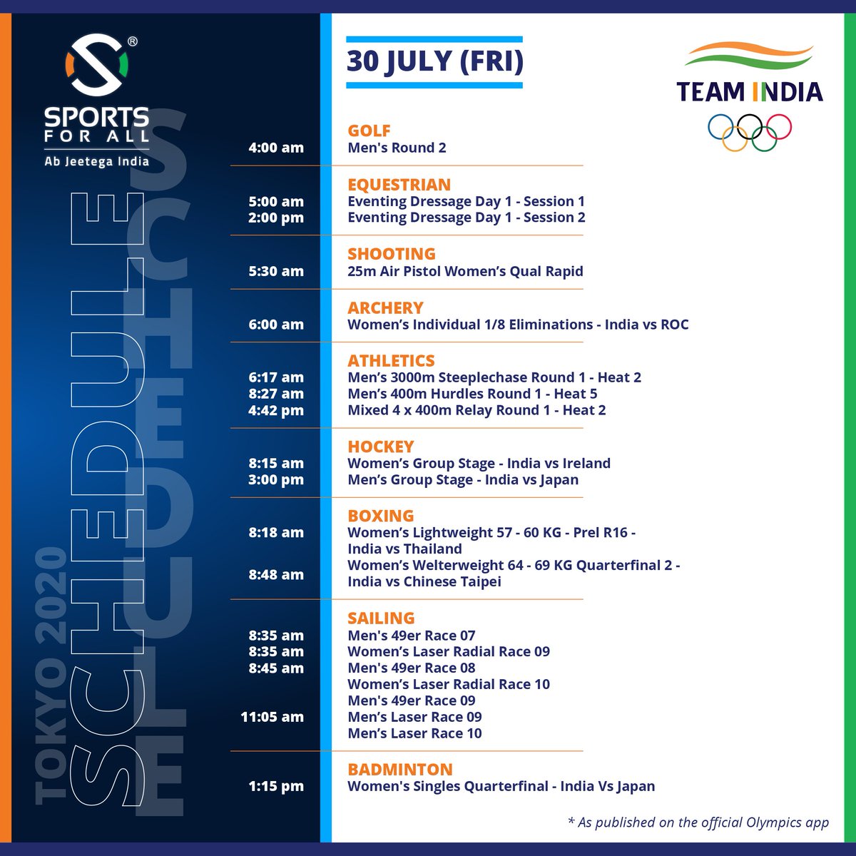 sfanow's tweet photo. #Tokyo2020 Schedule: 30 July 2021 🗓
As this glorious day comes to an end, catch @WeAreTeamIndia LIVE tomorrow on Day 8 of #Tokyo2020 🤩
#AbJeetegaIndia #Cheer4India #Olympics #HumHongeKamayab #OlympicsDay #StrongerTogether https://t.co/N1EOWlI11c