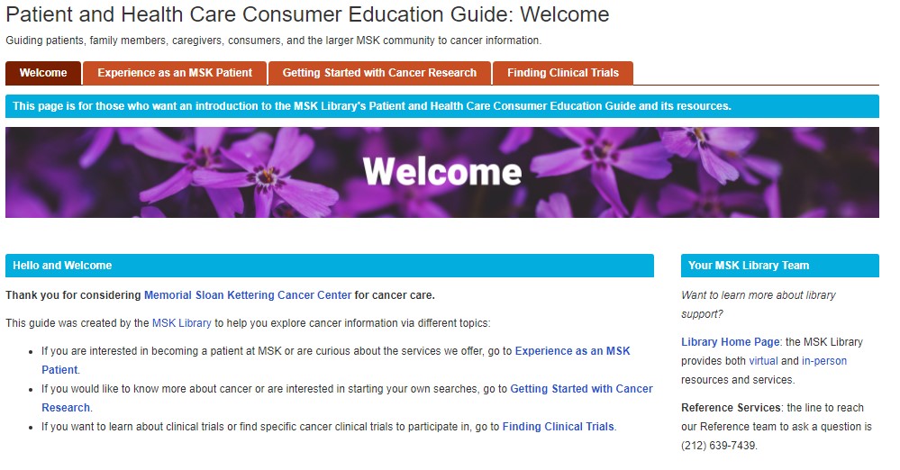 We've launched our #PatientEducation guide, home to information sources for patients, caregivers, and other health care consumers. libguides.mskcc.org/patienteducati…