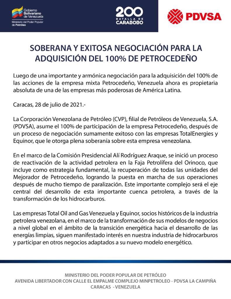 Luego de una extraordinaria negociación, hemos adquirido el 100% accionario del complejo mejorador de crudo PETROCEDEÑO!! Esta operación, enmarcada en la estrategia de SOBERANÍA ENERGÉTICA, favorece a nuestra poderosa industria PDVSA y al pueblo venezolano!! SEGUIMOS VENCIENDO!!