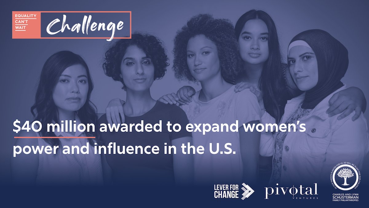 We’re excited to share that the @eqltycantwait Challenge has announced $40M in awards to four incredible projects to expand women’s power and influence in the U.S. by 2030! 👏 Read more about the #EqualityCantWait Challenge: leverforchan.ge/ECW