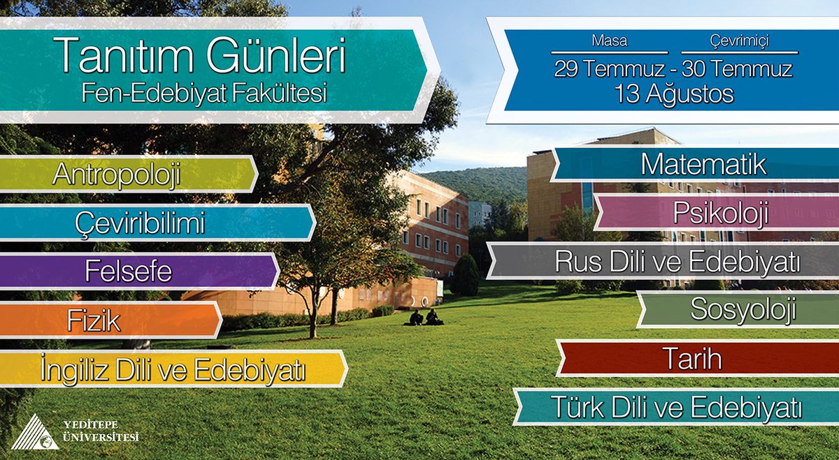 Yeditepe Üniversitesi Fen Edebiyat Fakültesi Tanıtım Günleri başlamıştır. Tüm öğrenci adaylarımızı fakültemizi tanımak üzere kampüsümüze bekliyoruz! 
💙💚 
#yks2021 #yeditepeüniversitesi #fefyeditepe 
#yeditepetarih 
@YeditepeUni