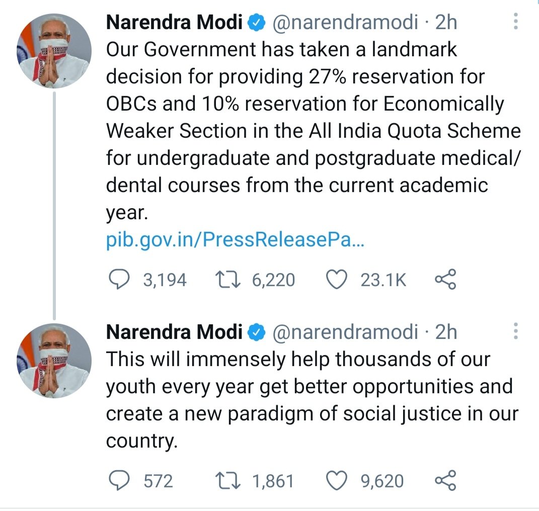 AjaysinghKilak's tweet photo. मेडिकल शिक्षा के क्षेत्र में केन्द्र सरकार का एक और एतिहासिक निर्णय
ऑल इंडिया कोटे के तहत अंडरग्रेजुएट/पोस्ट ग्रेजुएट, मेडिकल व डेंटल शिक्षा में OBC वर्ग को 27% व कमजोर आय वर्ग (EWS) को 10% आरक्षण देने के लिए आदरणीय प्रधानमंत्री श्री @narendramodi जी का हार्दिक आभार। https://t.co/YoALsf1CVb