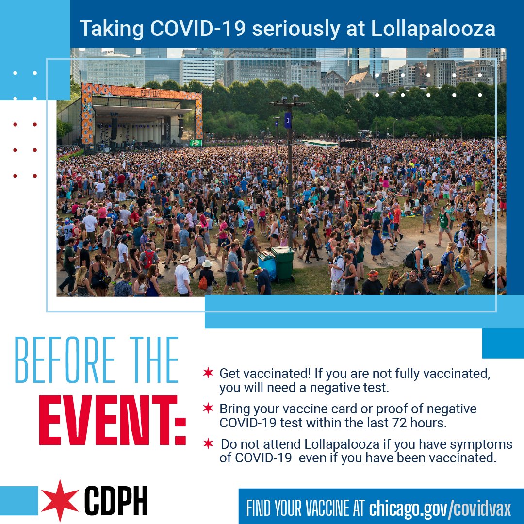 The header on this graphic reads "Taking COVID-19 seriously at Lollapalooza "It then reads "Before the Event: Get vaccinated! If you are not Fully Vaccinated, you will still need a negative test. Bring your vaccine card or proof of a negative COVID-19 test within 72 hours. Do not attend if you have symptoms of COVID-19 even if you have been vaccinated." FIND YOUR VACCINE AT chicago.gov/covidvax