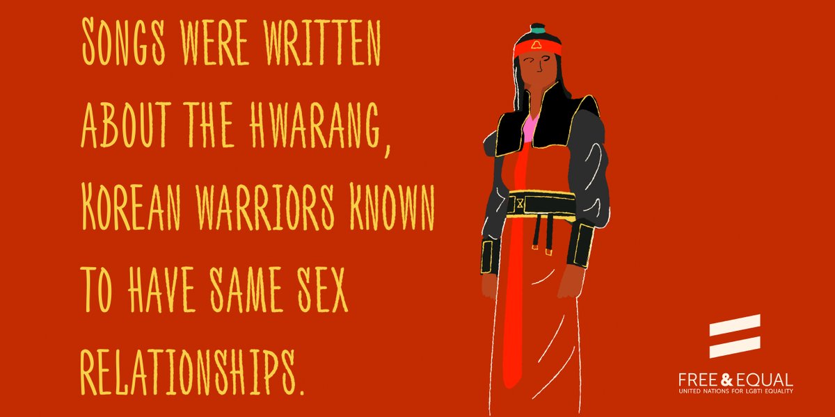 an illustration of a Hwarang warrior; the tagline reads "songs were written about the Hwarang, Korean warriors known to have same-sex relationships."