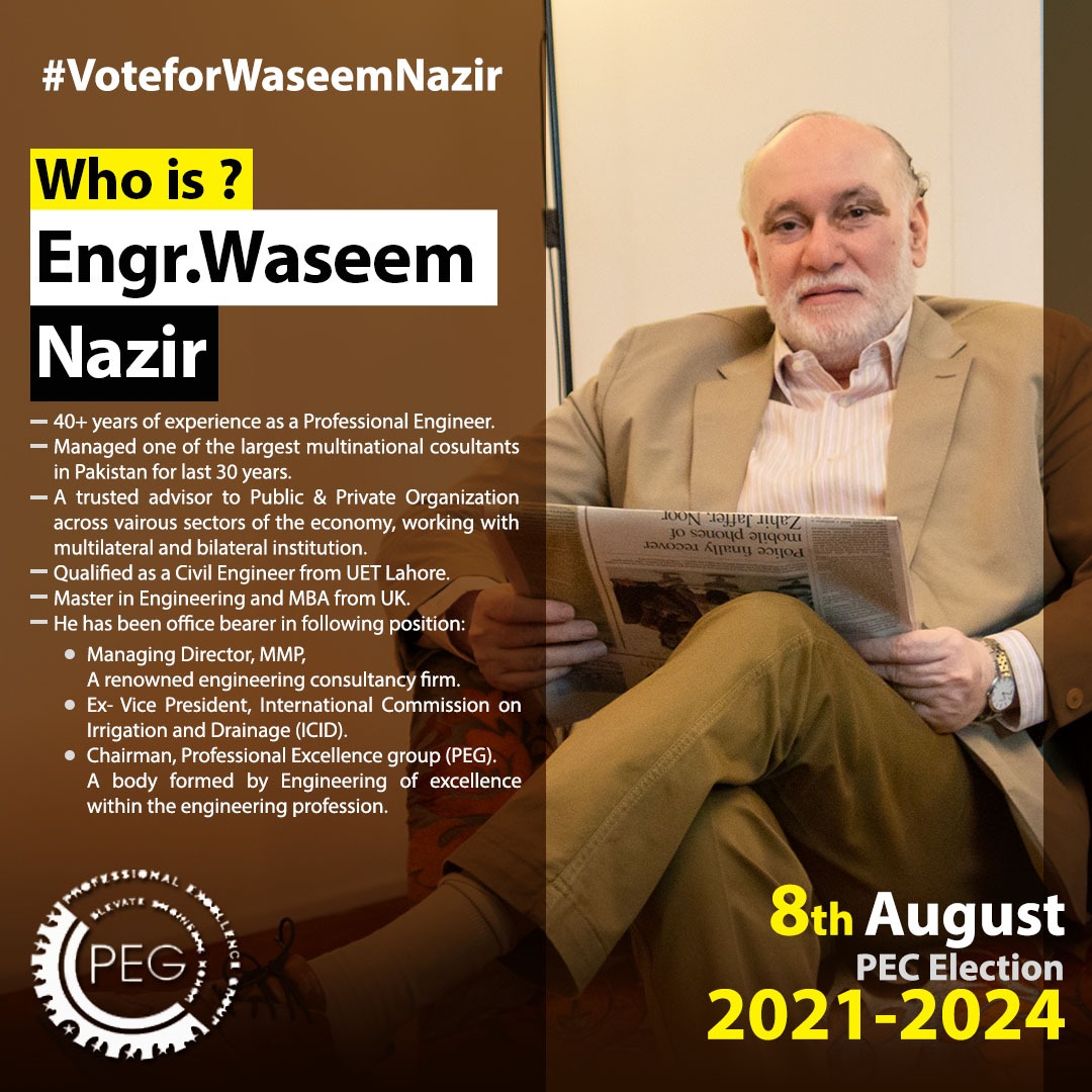 PEGPAK2's tweet photo. Chairman PEG Engr. Waseem Nazir has 40+ years of experience as professional engineer and currently serving as MD, MMP. He is a Civil Engineer from UET Lahore, he did ME &amp; MBA from UK with distinction. 
#vote4waseemnazir #PECElections #chairman_peg #candidate_chairman_pec https://t.co/D20CQ0fu6a