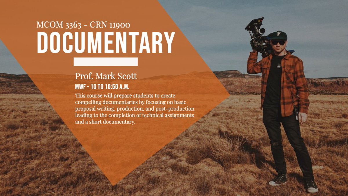 UCO_MCOM's tweet image. Are you interested in documentary film making? Get the scoop on how to start your own in professor Mark Scott's fall course - Documentary! Enroll now! #UCOMCOM #MCOMProMedia #documentaryfilmmaking