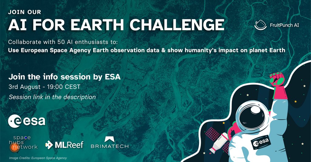 🚀 <a href="/spacehubsnet/">Space Hubs Network</a> have partnered with <a href="/esa/">European Space Agency</a> to host #AIFOREARTHCHALLENGE, a #hackathon about the human impact on Earth! 🌍 

3rd August info session
1st September Challenge Kick-off

Join the #AI challenge 👉 buff.ly/3l1woUc

<a href="/BrimatechAT/">Brimatech</a>