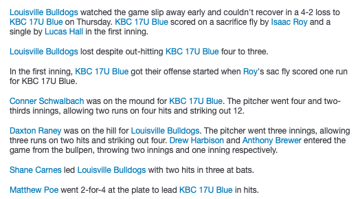 #16u17uWoodBat  - KBC 17U Blue Captures Lead Early To Defeat Louisville Bulldogs, 4-2.  Matthew Poe (KBC) 2-4 2B 3B 2RS, Connor Schwalback 4.2IP 4H 2ER 12K 5BB; Shane Canes (Bulldogs) 2-3 2B, Brady Sauer (Bulldogs) 1-2 3B RBI BB @PBRKentucky