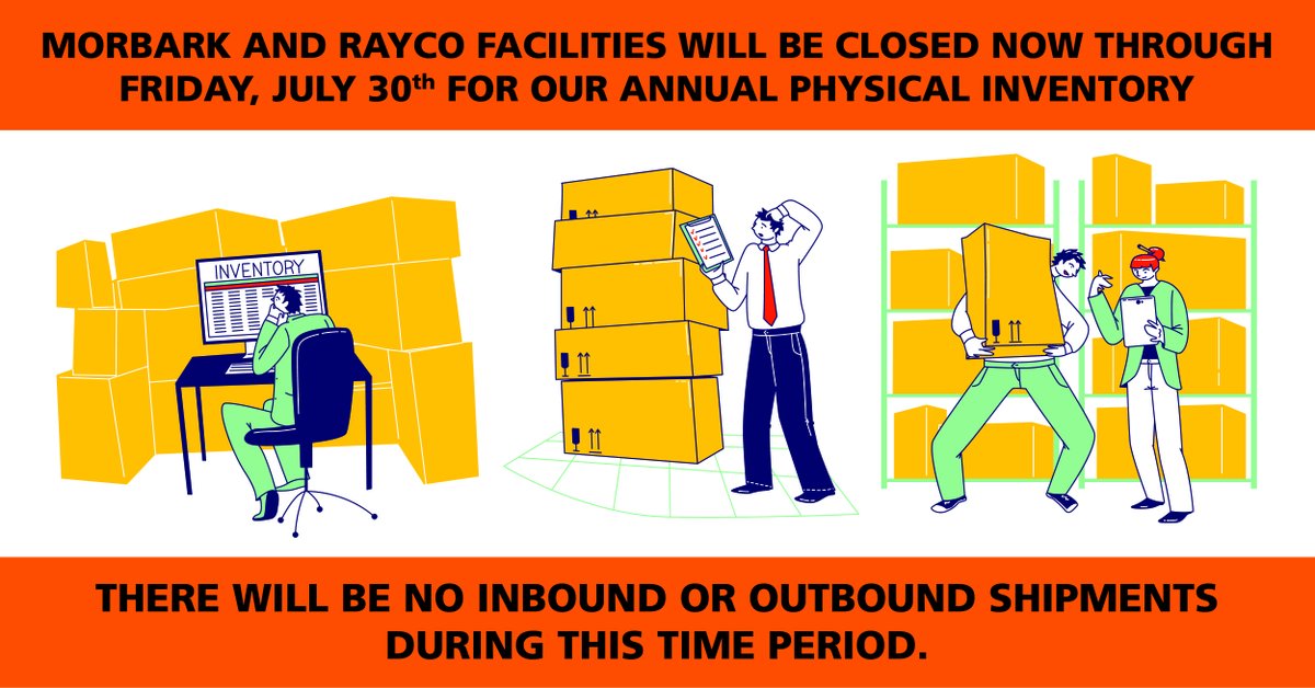 Our facilities will be closed through Friday, July 30th, for our Annual Physical Inventory. As a result, there will be no inbound or outbound shipments during this period; however, our Service Call Center will remain open. We will reopen on Monday, August 2nd at 8:00 a.m.
