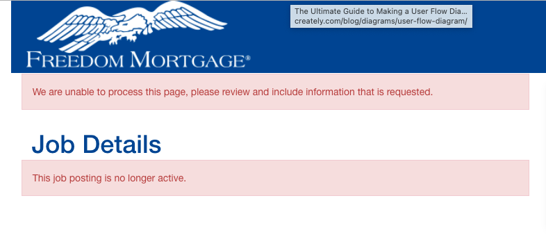 TickleMeBlue16's tweet photo. Hey, @FreedomMortgage  I WANT to apply to your UX/UI Designer I role posted on LinkedIn but, looks like I CAN'T....the link goes to a, what I call, a dead application page -- A job posting with no way to apply :( https://t.co/K4Gn3ScGmZ
