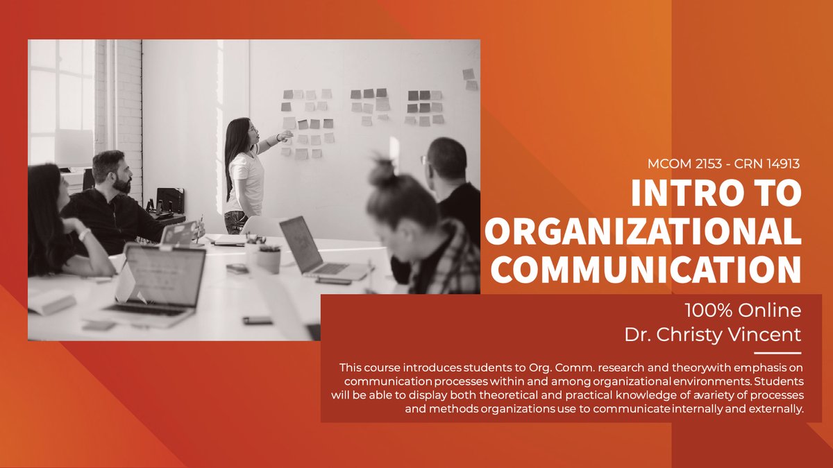 UCO_MCOM's tweet image. Still need an Intro to Organizational Communications course? This one is 100% online - how convenient is that?! Enroll today to get your introduction to this industry and its processes from Dr. Christy Vincent. 

#UCOMCOM #orgcomm #organizationalcommunication