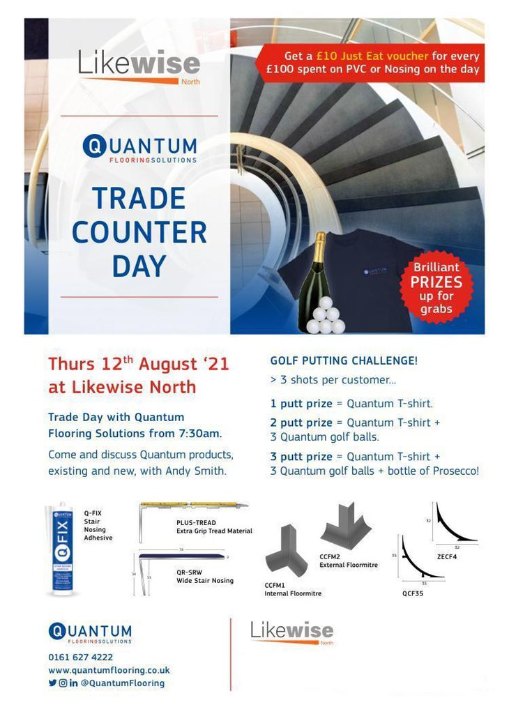 deaves_james's tweet photo. Please to confirm @QuantumFlooring will be attending our mini trade day ! £10 just eat vouchers for all quantum orders over the value of £100 (maximum 5 vouchers per customer ) Fancy your chances at putting ? ⛳️ See below prizes available on the day !! @likewisenorth https://t.co/rwZsK3DiVV