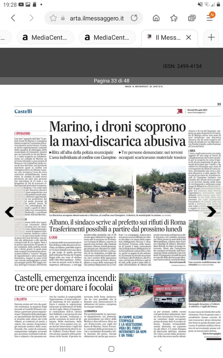 Scoperta discarica abusiva a Marino: Operazione svolta in collaborazione con la Polizia Locale di Ciampino, con l'ausilio del drone, che ha portato al sequestro di un'area di circa 700 mq e del mezzo utilizzato per lo scarico dei rifiuti. Tre persone denunciate