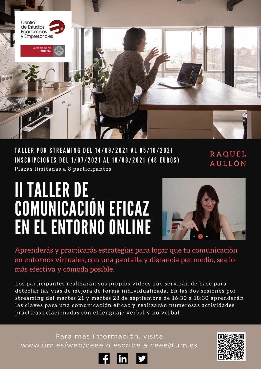 CEEE_UMU's tweet photo. Una de las 💎 que tenemos en periodo de matrícula, un taller para mejorar tu comunicación online 🖥️😍Con @raquelaullon y en la @umu. Online, claro 😉#comunicacion #nomedamiedo #québienhablo #québiensemeve https://t.co/RWWQa9e9j2