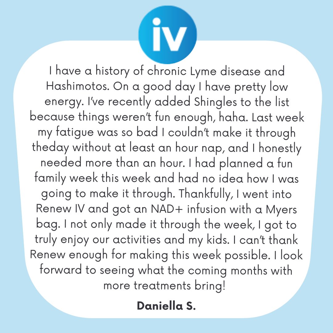 _Renew_Movement's tweet photo. Such an awesome success story. Thank you for sharing it, Daniella.
💦Learn more about the infusions we offer: 
https://t.co/Jxq9TxN1Yr
#testimonialthursday #wellness #nad https://t.co/2N6pkvba6q
