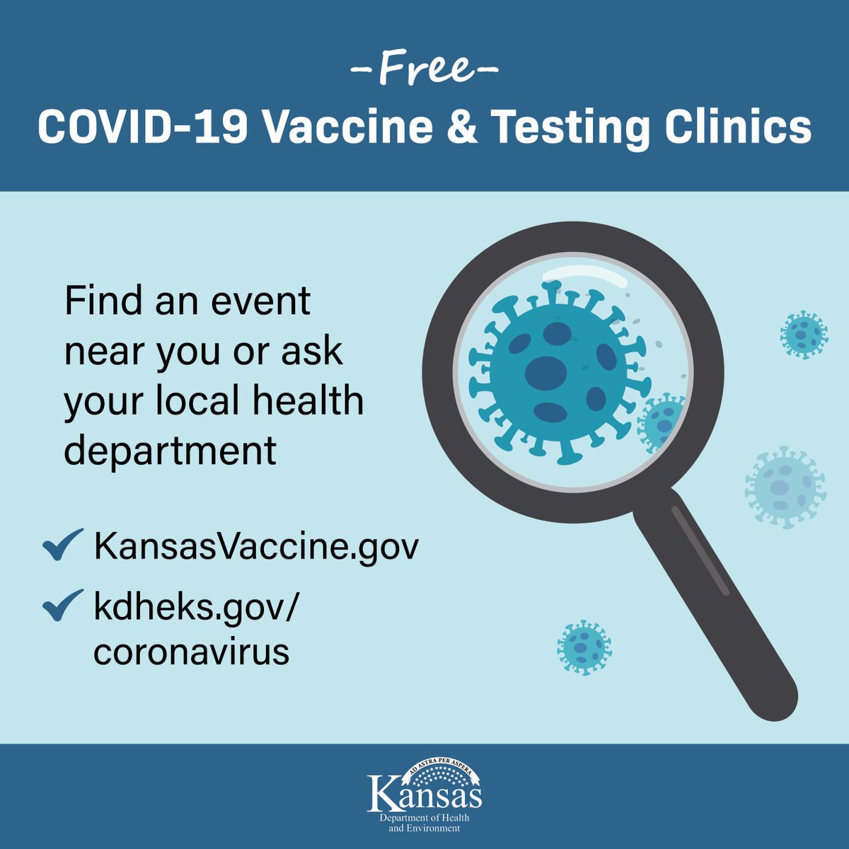 KDHE's tweet photo. With the increased presence of the more infectious Delta variant, local health departments, providers, &amp; community groups are continuing to host free COVID-19 vaccine &amp; testing clinics. Find an event near you or ask your local health department: https://t.co/CWaOV7VM9f. https://t.co/NQWM2o1fAL