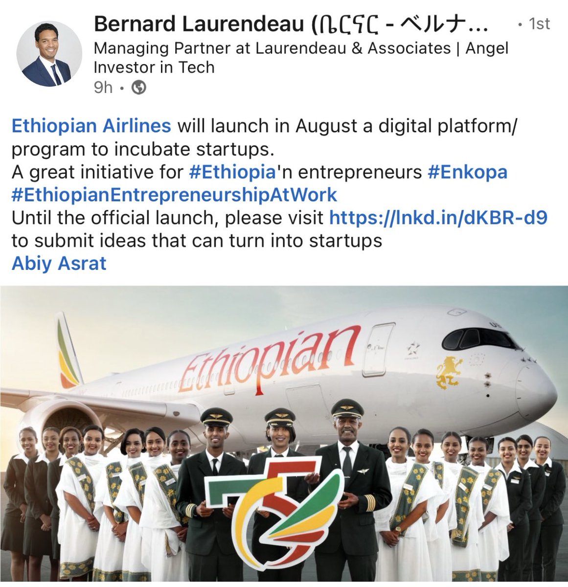 Flattered to have been one of the first people to hear about this from Abiy Asrat on the Digital Ethiopia Webinar Series on Entrepreneurship and Innovation yesterday. I can’t wait to see startup’s benefit from this. Keep it up <a href="/flyethiopian/">Ethiopian Airlines</a>