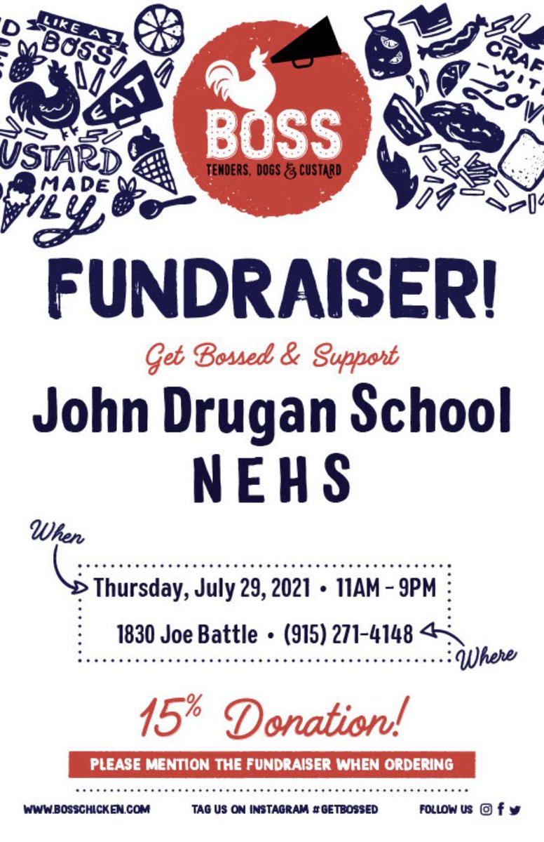 KMildon_JDS's tweet photo. Come out and show your support for @JDrugan_K8 NEHS this Thursday, July 29th from 11am-9pm @bosschicken915 on Joe Battle! Great food for a great cause! Be sure to mention John Drugan! #TeamSISD #DRAGONSLEADWITHHEART #BossChicken @BMooy_JDS @MSmith_JDS @GAguirre_JDS @CHarris_JDS https://t.co/6CrZxgzKID