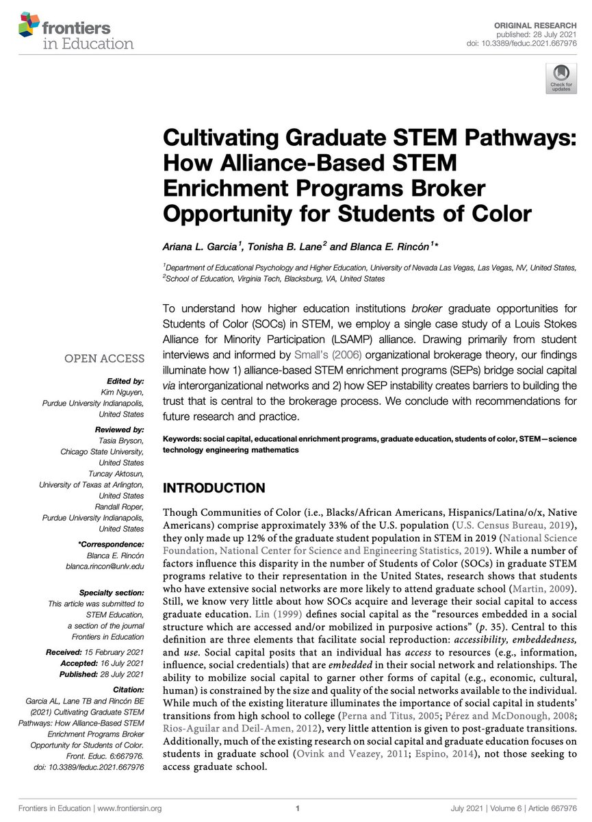 ArianaLGarcia_'s tweet photo. Excited to share my newest publication with @LaneTonisha and Dra. Blanca Rincón where we examine how alliance-based STEM enrichment programs broker graduate school related opportunity for Students of Color. #STEM #HigherEd https://t.co/HM6mJC3EMc