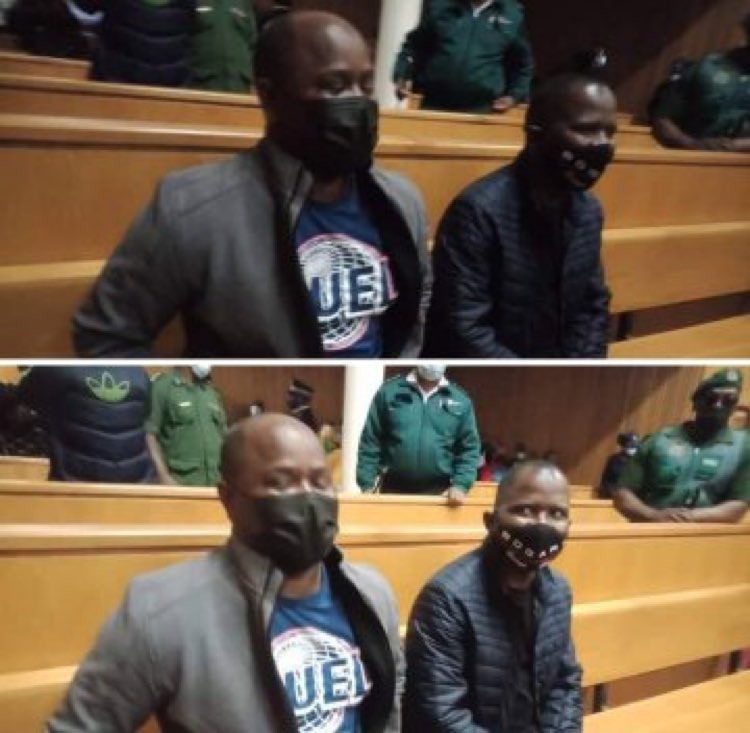 EFFSwazi's tweet photo. The two pro democracy MPs; Mduduzi Bacede Mabuza and Mthandeni Dube are already in the court awaiting bail hearing. 
#FreeBacede 
#FreeMathandeni 
#EswatiniProtests 
#MswatiMustFall https://t.co/eTr76qKJil