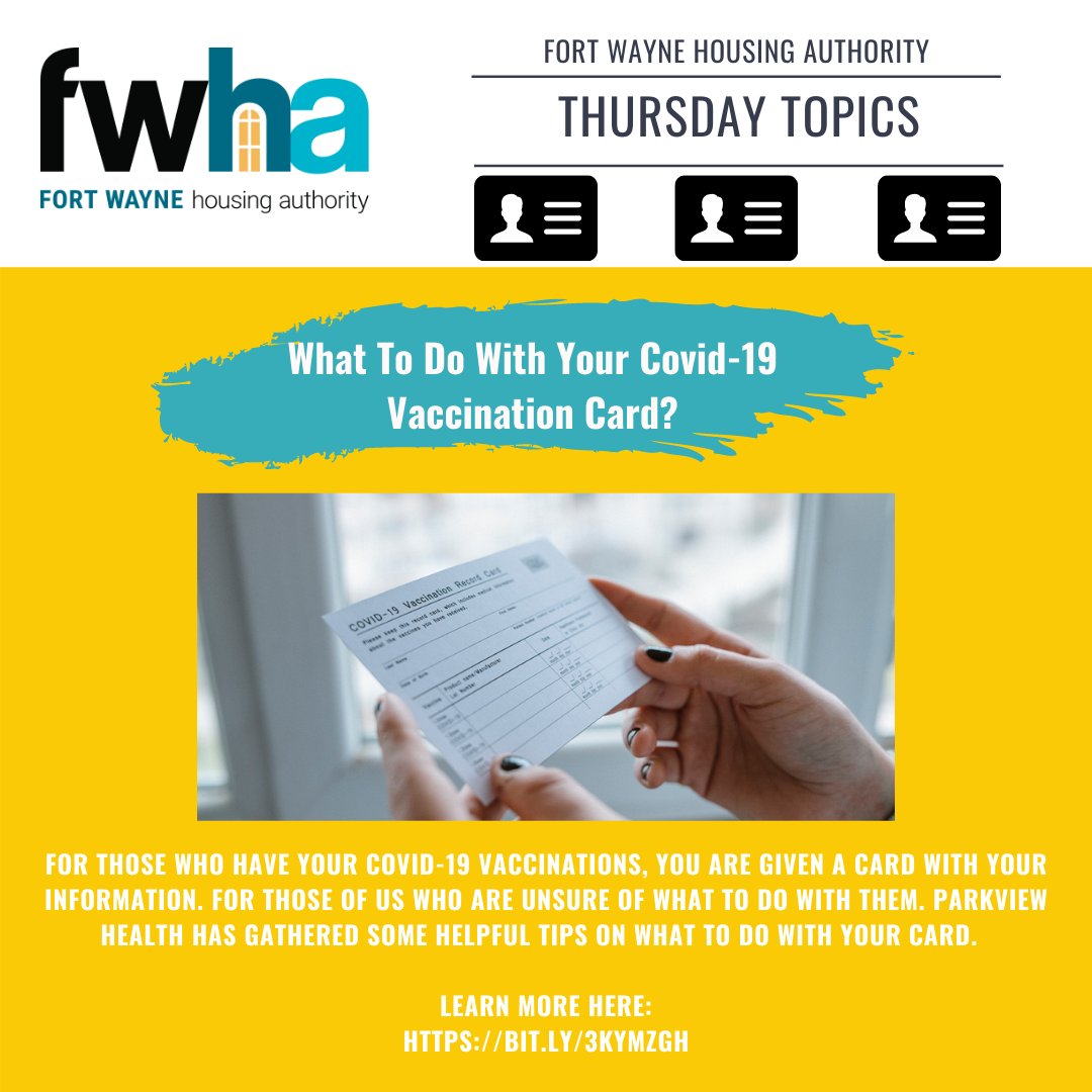 FortWayneHA's tweet photo. #ThursdayTopics: Do you have your COVID 19 vaccination card and are not sure what to do with it? @ParkviewHealth has a few tips on what to do with it next?
https://t.co/mm2adJasvQ
#Vaccinate #FortWayne https://t.co/AUpPJ6Kg3U