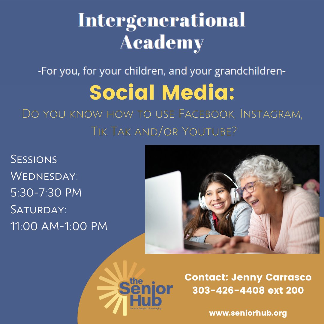Please join us for the Intergenerational Academy facilitated by Julieta Quinonez. The sessions begin in July, and are for Spanish speaking older adults- 60 plus struggling with the challenges of raising adolescents. Contact Jenny Carrasco to register 303-426-4408 x200.