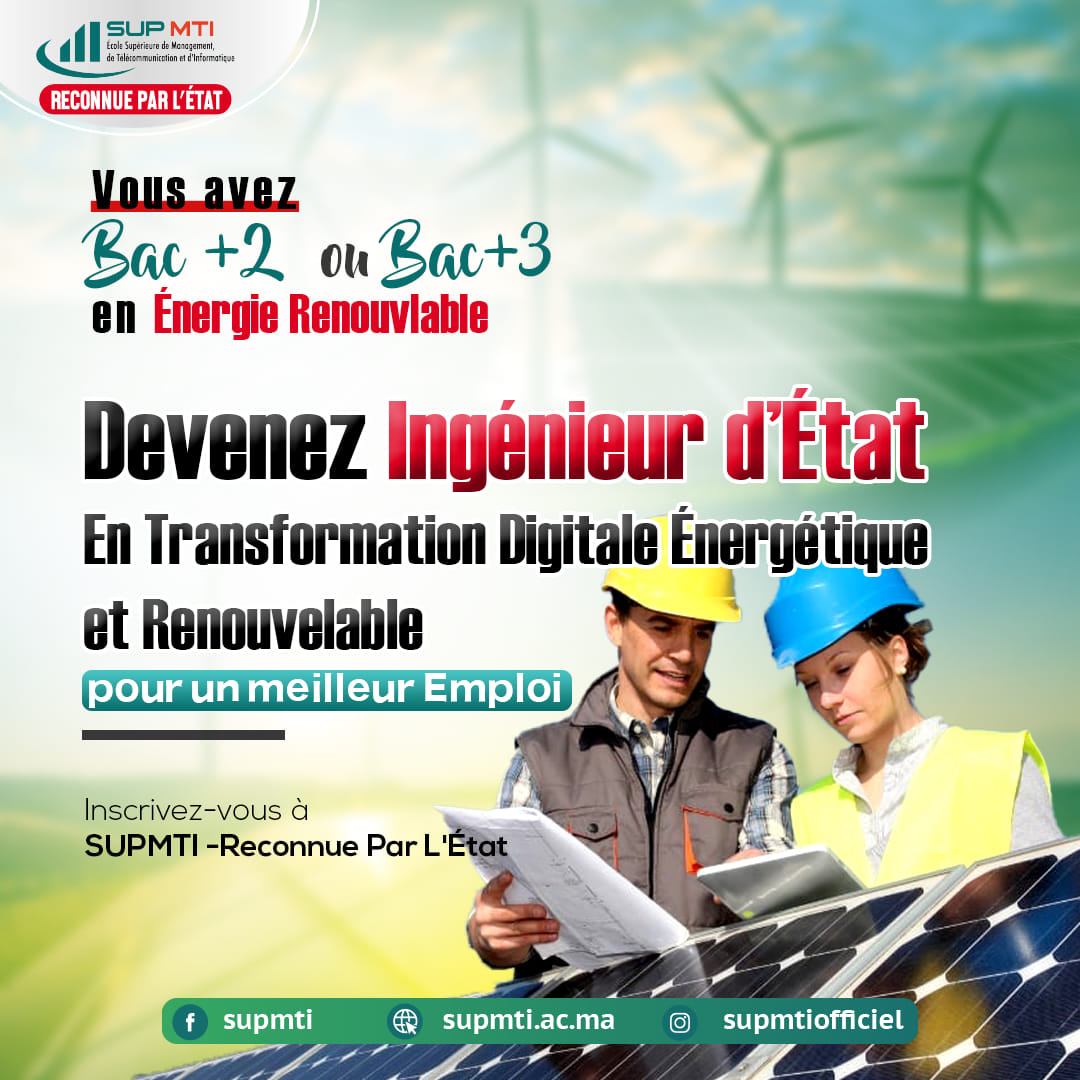 SupMTI1's tweet photo. 🎓Devenez #INGENIEUR D'ÉTAT en #TransformationDigitale #Énergetique et #Renouvlable
ℹ Inscrivez-Vous à #SUPMTI- #Reconnue par l'État via le lien :
https://t.co/cEawLnFVPV https://t.co/AUS6gxj0ab