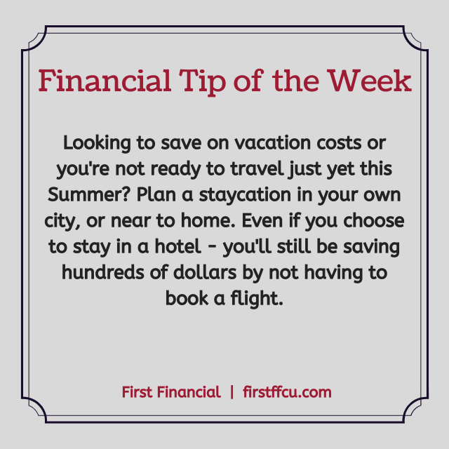 NJBanking's tweet photo. Want to vacation this Summer but also save money? Try a staycation! ๐ #financialtip #creditunion #firstfinancial https://t.co/ZecJc4dVIN
