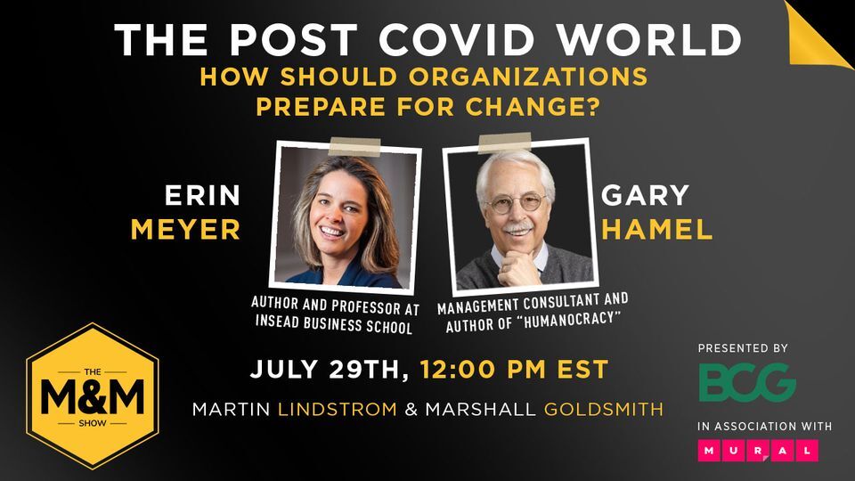 Great news! 📣  We've partnered with <a href="/MartinLindstrom/">Martin Lindstrom</a> to produce the M&amp;M Show 📺 🍿 

Tune in for the next LIVE conversation today with <a href="/ErinMeyerINSEAD/">Erin Meyer</a> &amp; <a href="/profhamel/">Gary Hamel</a> on how organizations should prepare for change in a post-COVID world 👉  linkedin.com/posts/lindstro…